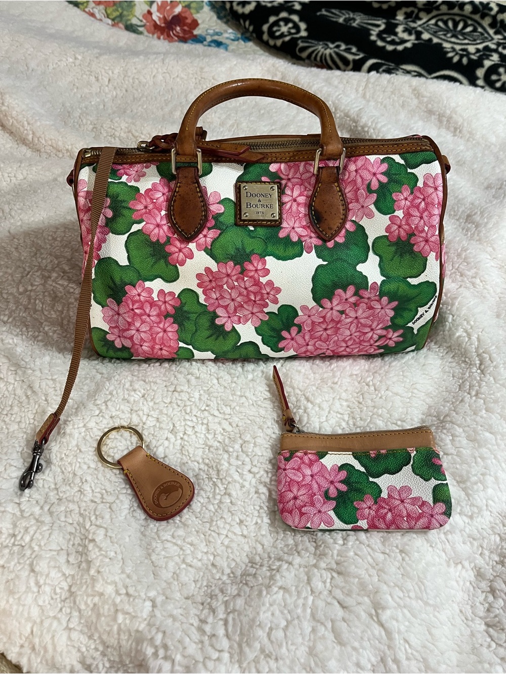 Dooney & Bourke Pink and Green Floral Satchel with Leather Trim